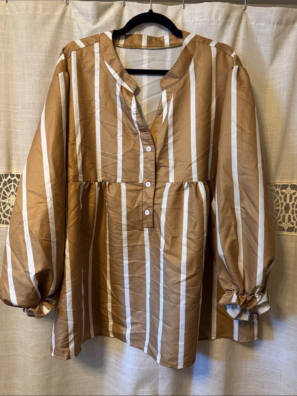 Womens Tan and White Striped Button-Front Peasant Top